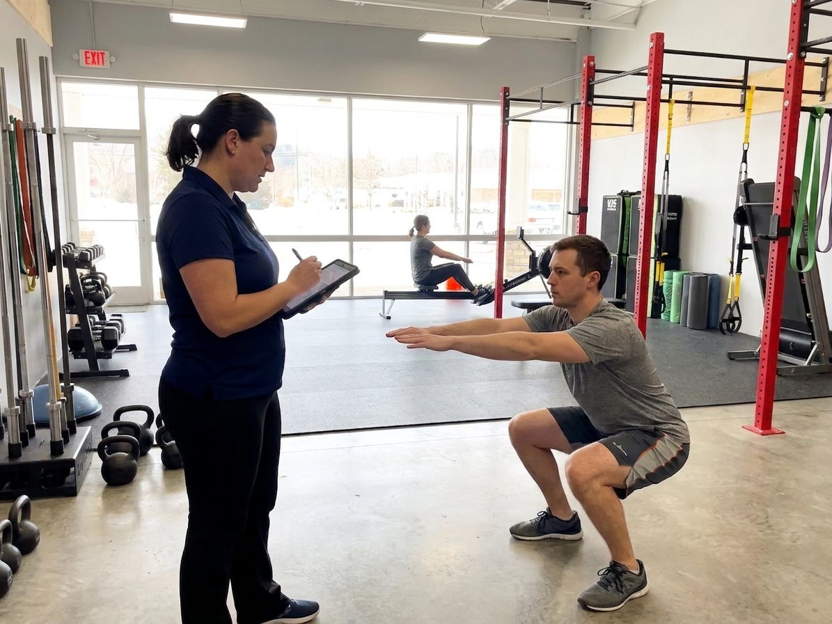  Patient working with a provider at a performance physical therapy clinic in Gales Ferry, CT during a functional movement assessment