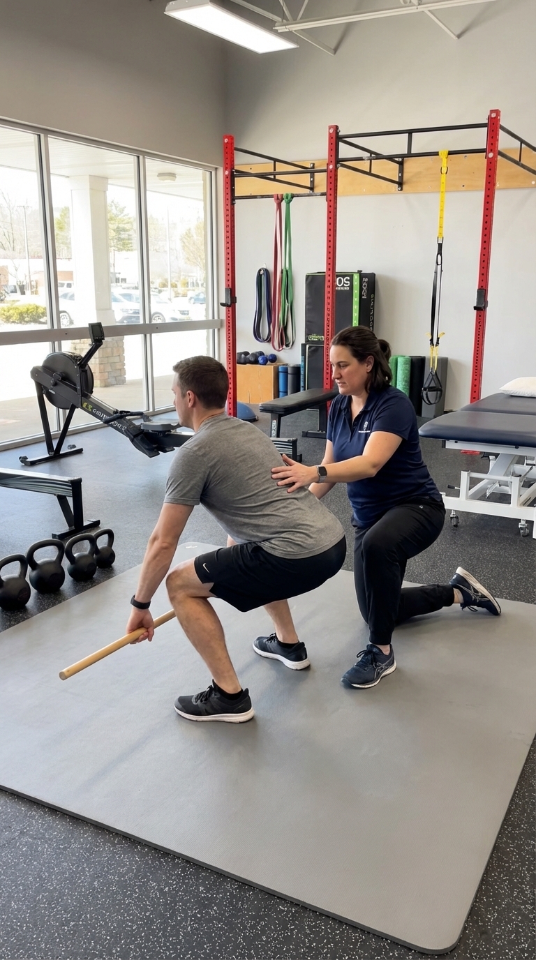 Patient performing movement assessment at a physical therapy clinic in Gales Ferry