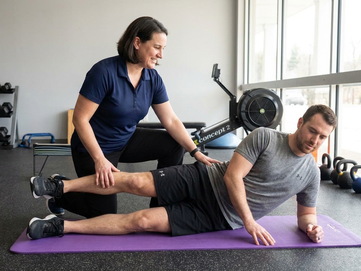 Patient working with a provider at a performance physical therapy clinic in Gales Ferry, CT during a functional movement assessment