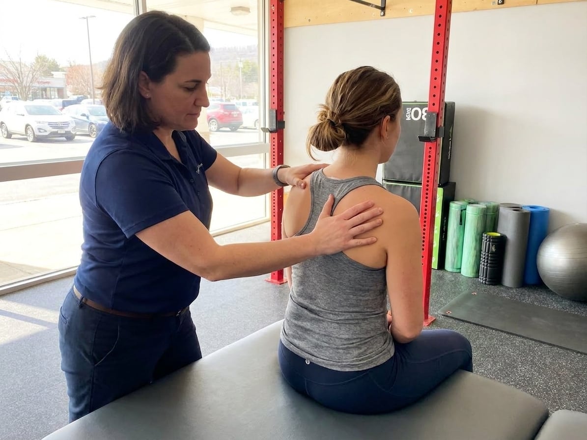 Patient working with a provider at a performance physical therapy clinic in Gales Ferry, CT during a hands-on shoulder rehabilitation session